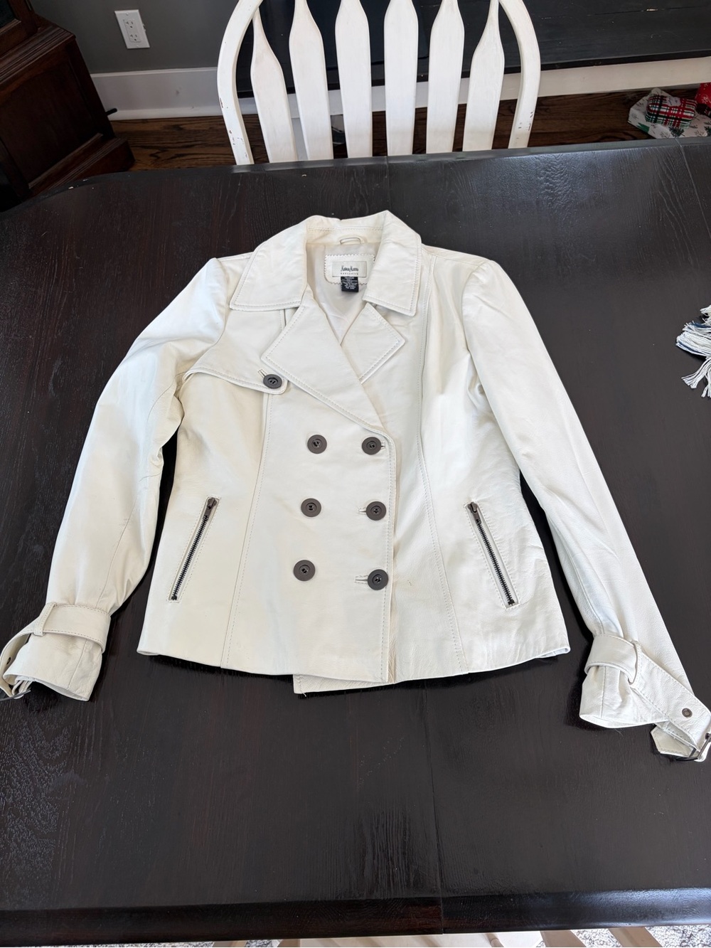 Neiman Marcus White Double-Breasted Leather Pea Coat